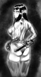 1girl absurdres antique_firearm arm_behind_back ass back_cutout bandaged_arm bandages bare_shoulders black_background breasts clothing_cutout commentary constricted_pupils cowboy_shot english_commentary female_focus firearm firelock flintlock from_behind gradient_background graphite_(medium) gun hair_over_shoulder handgun highleg highleg_leotard highres hime_cut holding holding_gun holding_weapon large_breasts leotard long_hair looking_at_viewer looking_back majori_(skellyjacks1) mole mole_on_ass mole_under_mouth original parted_lips pistol sideboob simple_background skellyjacks1 solo standing strapless strapless_leotard back_tattoo thick_thighs thighhighs thighs traditional_media v-shaped_eyebrows weapon