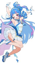 Rule 34 | 1girl, armpits, arms up, ass, blush, commentary, cure wink, dress, flat chest, gloves, hair bun, hairband, heart, heart-shaped hair, heart hair bun, highres, idol heart brooch, jumping, kimi to idol precure, long hair, looking at viewer, magical girl, mo (boo1719501boo), one eye closed, open mouth, plaid clothes, plaid sleeves, precure, purple eyes, purple streaks, simple background, skindentation, smile, solo, strapless, strapless dress, thighs, very long hair, white background, white dress, white gloves, white hairband