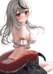 1girl absurdres bikini black_hair black_jacket blush braid breasts butt_crack closed_mouth commentary_request grey_hair hair_ornament highres hololive jacket large_breasts long_hair looking_at_viewer multicolored_hair nikahoshikuzu red_eyes sakamata_chloe simple_background single_braid sitting smile solo streaked_hair swimsuit virtual_youtuber white_background white_bikini x_hair_ornament
