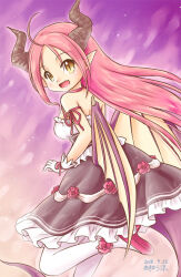 1girl ahoge akihara_ryou bare_shoulders breasts dragon_girl dragon_horns dragon_wings dress frilled_dress frills horns iris_mysteria! large_breasts long_hair pointy_ears red_hair sharon_oliva wings yellow_eyes