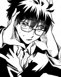 1boy black_hair gakuran glasses hair_between_eyes hands_on_own_head jacket long_sleeves looking_at_viewer male_focus metarogu monochrome panicking school_uniform short_hair solo sweat tohno_shiki tsukihime