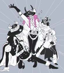 1girl 4boys aespa ahoge arms_up bandages bandages_over_eyes beard braided_sidelocks cape commentary_request cyu_se facial_hair fake_horns full_body fur_cape gerd_(one_piece) gloves goatee goldberg_(one_piece) hair_over_one_eye hajrudin helmet horned_helmet horns loki_(one_piece) long_hair looking_at_viewer multiple_boys one_piece purple_hair road_(one_piece) scarf short_hair skirt smile sparkle spiked_hair spot_color squiggle twitter_username wavy_hair