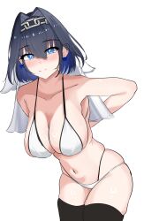 1girl absurdres alternate_costume arms_behind_back bikini black_hair black_thighhighs blue_eyes bow bow_earrings breasts closed_mouth earrings hair_intakes highres hololive hololive_english jewelry large_breasts navel ouro_kronii sasaki_ikuya smile solo swimsuit thighhighs unfinished veil virtual_youtuber white_bikini