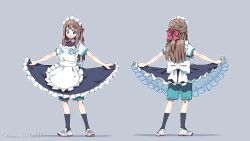 1girl apron aqua_shorts artist_name black_socks blue_eyes bow brown_hair dated frilled_skirt frills from_behind full_body hair_bow highres legs_apart long_hair looking_at_viewer maid_apron maid_day maid_headdress multiple_views open_mouth original shapoco shoes short_sleeves shorts simple_background skirt skirt_hold socks standing white_shoes