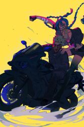 1boy 1girl absurdres bandaged_arm bandages black_gloves black_jacket blue_eyes boots braid breasts dark-skinned_male dark_skin dreadlocks ekko_(league_of_legends) facial_mark glasses gloves grin hair_between_eyes highres hong_3740 jacket jinx_(league_of_legends) league_of_legends long_hair medium_breasts midriff motor_vehicle motorcycle off_shoulder parted_lips pink_shirt red_eyes shirt short_hair short_shorts shorts smile teeth thigh_boots twin_braids twitter_username white_hair yellow_background