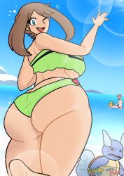 1girl aged_up ass bikini blue_eyes breasts brown_hair disgust gen_1_pokemon heart heart_ornament looking_at_viewer may_(pokemon) nintendo ocean one_eye_closed pikachu pokemon pokemon_(anime) silenttandem smile surfboard surprised_pikachu_(meme) swimsuit turning_head voloptuous wartortle wet wink