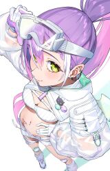1girl absurdres bra breasts closed_mouth gashino gloves green_eyes hair_between_eyes high_ponytail highres hololive long_hair long_sleeves looking_at_viewer multicolored_hair navel pink_gloves pink_hair ponytail purple_hair shoes shorts shrug_(clothing) simple_background smile solo stomach streaked_hair tokoyami_towa tokoyami_towa_(cyberpunk) underwear virtual_youtuber white_background white_bra white_gloves white_shoes white_shorts white_shrug