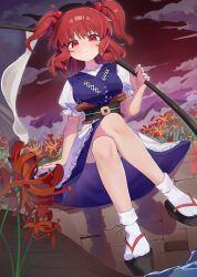 Rule 34 | 1girl, breasts, chinese commentary, closed mouth, coin, coin on string, commentary request, crossed legs, flower, hair bobbles, hair ornament, highres, holding, holding scythe, kitahara (pixiv 19528441), looking at viewer, obi, obidome, okobo, onozuka komachi, platform sandals, puffy short sleeves, puffy sleeves, red eyes, red flower, red hair, sandals, sash, scythe, short sleeves, sitting, socks, solo, spider lily, tabi, touhou, two side up, water, white socks