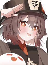 Rule 34 | 1girl, alternate hairstyle, blush, boo tao (genshin impact), brown hair, flower-shaped pupils, genshin impact, gya (144), hair between eyes, hat, highres, hu tao (genshin impact), looking at viewer, medium hair, red eyes, short hair, smile, symbol-shaped pupils, tongue, tongue out, twintails
