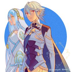 1boy 1girl amao_miyuki azura_(fire_emblem) blue_background blue_cape blue_hair cape couple english_text fire_emblem fire_emblem_fates fire_emblem_heroes hair_between_eyes hetero long_hair looking_at_viewer male_corrin_(fire_emblem) nintendo pixiv_username pointy_ears red_eyes sidelocks simple_background twitter_username two-tone_background veil very_long_hair watermark white_background white_hair yellow_eyes
