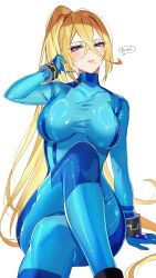 Rule 34 | 1girl, absurdres, blonde hair, blue bodysuit, blue eyes, bodysuit, breasts, commentary, covered collarbone, crossed legs, english text, hair between eyes, highres, large breasts, long hair, looking at viewer, metroid, mole, mole under mouth, nintendo, ponytail, samus aran, simple background, sitting, skin tight, solo, speech bubble, wrist cuffs, yasaikakiage, zero suit