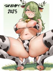 1girl absurdres animal_ears animal_print antlers areola_slip bikini breasts cameltoe ceres_fauna commentary covered_erect_nipples cow_ears cow_print cow_print_bikini cow_print_thighhighs english_commentary feet flower green_hair grin hair_flower hair_ornament hairband highres hololive hololive_english horns leaning_back long_hair mole mole_under_eye nail_polish navel print_bikini print_thighhighs sinpadart smile solo squatting stomach swimsuit thighhighs thighs toeless_legwear toenail_polish toenails toes virtual_youtuber yellow_eyes