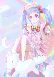 1girl :o absurdres bead_bracelet beads blue_eyes blue_hair blue_hat blue_shoes blue_skirt blue_sky blue_sleeves blunt_bangs bow bowtie bracelet brooch clenched_hands cloud cloud_daydreams_(infinity_nikki) cloud_print collared_shirt commentary_request crescent day dot_nose eyelashes frilled_gloves frilled_shirt frilled_sleeves frills full_body gloves hair_bow hat hat_ornament high-waist_skirt high_heels highres infinity_nikki jewelry knees_up lace lace-trimmed_skirt lace_trim light_blush light_particles long_hair looking_at_viewer miniskirt multiple_bracelets nikki_(series) open_mouth outdoors pink_gloves pink_hat pink_shirt pink_skirt pink_sleeves pink_thighhighs plaid_bow plaid_bowtie plaid_clothes puffy_short_sleeves puffy_sleeves pumps rainbow red_bow red_bowtie sarah_ang shirt shoes short_sleeves sidelocks sitting skirt sky solo star_(symbol) star_brooch star_hat_ornament striped_clothes striped_headwear striped_skirt striped_thighhighs suspender_skirt suspenders tareme thighhighs twintails two-tone_hat two-tone_skirt two-tone_sleeves unicorn vertical-striped_clothes vertical-striped_headwear vertical-striped_skirt vertical-striped_sleeves vertical-striped_thighhighs wavy_hair