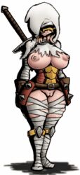 1girl animated animated_gif armor bandaged_arm bandaged_leg bandages belt belt_buckle blonde_hair bottomless breasts buckle cape cleft_of_venus corset covered_face darkest_dungeon faulds genderswap gloves hood knee_pads large_breasts leather leather_gloves leper_(darkest_dungeon) lowres mask nipples no_bra no_panties nude_mod over_shoulder pussy shadow solo standing sword sword_over_shoulder thick_thighs thighs topless_female torn_cape torn_clothes transparent_background uncensored video_game warrior weapon weapon_over_shoulder xelsword
