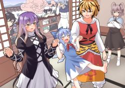 1boy 6+girls alternate_eye_color anchor_print animal_ears animal_print arm_at_side black_dress black_hair black_ribbon blonde_hair blue_bow blue_capelet blue_dress blue_hair blue_sky blue_wings blush bow brown_eyes capelet cirno closed_eyes closed_mouth cloud collared_shirt commentary_request commission crossed_arms day dress dutch_angle expressionless facepalm facial_hair feet floating frown frustrated fuuzasa gradient_hair grey_hair hair_between_eyes hair_bow hair_ribbon hand_up happy hat height_difference hijiri_byakuren hood hood_down hoodie houjuu_nue ice ice_wings indoors jitome juliet_sleeves knee_up kumoi_ichirin layered_clothes layered_dress light_blue_hair light_brown_hair long_sleeves looking_at_another looking_down mountain mouse_ears mouse_tail multicolored_hair multiple_girls murasa_minamitsu mustache nazrin neck_ribbon nervous_smile no_socks open_mouth orange_ribbon outline pants peeking pixiv_commission ponytail puffy_short_sleeves puffy_sleeves purple_hair red_dress red_eyes red_ribbon ribbon sailor_hat shirt short_hair short_sleeves shorts shouji sidelocks sky sliding_doors smile soles standing sweatdrop tabi tail tatami tiger_print toes toramaru_shou touhou tree turtleneck two-tone_hair unzan white_dress white_headwear white_hoodie white_legwear white_pants white_shirt white_shorts wide_sleeves wings yellow_eyes