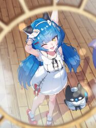 1girl absurdres ahoge animal_ears arm_up blue_hair blue_nails blue_tail bow commentary_request commission cross-laced_slit dress dress_bow fandit_(poko_rakun) frilled_wrist_cuffs frills fueppu hair_bow hair_ribbon highres idol_corp long_hair looking_at_viewer mary_janes mixed-language_commentary multilingual_commentary nail_polish one_eye_closed open_mouth poko_rakun raccoon_ears raccoon_girl raccoon_tail red_bow ribbon shoes socks solo standing tail twintails virtual_youtuber white_dress white_socks wooden_floor wrist_cuffs yellow_eyes