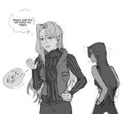2girls ? alien_stage commentary english_commentary english_text greyscale highres holding holding_pill hyuna_(alien_stage) long_hair long_sleeves mizi_(alien_stage) monochrome multiple_girls open_mouth pants ribbed_shirt shirt sketch smile speech_bubble the_quipper thought_bubble very_long_hair vest