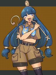 absurdres blue_eyes blue_hair blunt_bangs brown_shirt brown_shorts cowboy_shot earrings facial_mark fossilized_wonders gold gold_buckle gold_hairband gold_headdress gold_headwear hairband highres holding holding_scepter jewelry key_earrings michigami_nareko missandydandy quad_tails scepter shirt shorts simple_background sphere_hair_ornament touhou triangle triangle_facial_mark usekh_collar