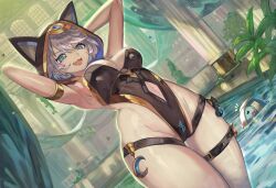 1girl absurdres adapted_costume animal_ears animal_hood armpits arms_behind_head bathhouse belt black_one-piece_swimsuit blue_eyes breasts cat_ears cat_hood cipher_(honkai:_star_rail) cleavage clothing_cutout commentary commission english_commentary fang grey_hair highres honkai:_star_rail honkai_(series) hood large_breasts navel navel_cutout one-piece_swimsuit open_mouth pool presenting_armpit short_hair solo stone_pillar swimsuit thigh_belt thigh_strap thighs trustyskittles