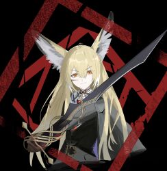 1girl absurdres ahoge animal_ears arknights black_background black_jacket blonde_hair brown_gloves clarke149246 closed_mouth commentary_request cropped_torso facial_scar gloves hair_between_eyes highres holding holding_sword holding_weapon jacket long_hair long_sleeves looking_at_viewer multicolored_hair orange_eyes partial_commentary scar scar_on_cheek scar_on_face smile solo streaked_hair sword vulpisfoglia_(arknights) weapon white_hair