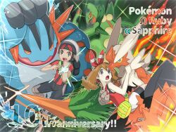 1boy 1girl :d :o anniversary bike_shorts black_shorts blaziken bow bracelet brendan_(pokemon) brown_hair carrying creatures_(company) fanny_pack fire game_freak gen_3_pokemon hair_bow hat jewelry looking_at_viewer may_(pokemon) mega_blaziken mega_pokemon mega_sceptile mega_swampert nintendo open_mouth pokemon pokemon_(creature) pokemon_oras princess_carry red_bow red_shirt runachikku sceptile shirt shorts sleeveless sleeveless_shirt smile swampert teeth twitter_username upper_teeth_only water white_hat