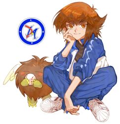 angel_wings baseball black_shirt blush brown_eyes brown_hair duel_monster gym_uniform hand_on_own_face highres male_focus shirt shoes smile sneakers spi_77 winged_kuriboh wings yu-gi-oh! yu-gi-oh!_gx yuki_judai