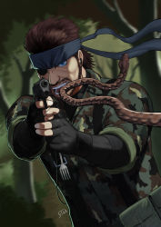 1boy 5ta2_5 absurdres aiming ammunition_pouch bandana beard big_boss black_gloves blue_eyes blurry blurry_background branch brown_hair camouflage eyepatch facial_hair fingerless_gloves forest fork gloves gun handgun highres holding holding_fork holding_gun holding_weapon looking_at_viewer male_focus metal_gear_(series) metal_gear_solid_3:_snake_eater motion_blur mullet naked_snake nature open_mouth outdoors pistol pouch snake solo teeth tree weapon