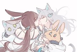 0_0 2girls amiya_(arknights) animal_ears arknights blue_eyes brown_hair cat_ears character_doll closed_eyes dress flower green_flower green_hair grey_hair hair_flower hair_ornament highres holding holding_stuffed_toy imminent_kiss kaleka low_ponytail multicolored_hair multiple_girls off_shoulder parted_lips ponytail rabbit_ears rosmontis_(arknights) simple_background streaked_hair stuffed_animal stuffed_cat stuffed_rabbit stuffed_toy white_background white_dress yuri