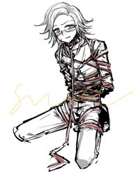 1boy aotsuki_eito bdsm bondage bound collar full_body glasses grey_eyes highres kneeling leash limited_palette looking_at_viewer male_focus open_mouth parted_hair shibari shibari_over_clothes solo solo_focus sweat sweatdrop the_hundred_line_-last_defense_academy- white_background white_hair