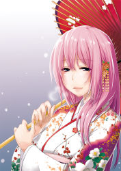 1girl ask02 blue_eyes female_focus japanese_clothes kimono lips long_hair megurine_luka oil-paper_umbrella pink_hair snow solo umbrella vocaloid