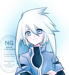 azidesmmm black_undershirt blue_eyes blue_jacket crossed_arms genius_sage highres jacket light_blush looking_at_viewer sidelocks smile tales_of_(series) tales_of_symphonia white_hair