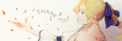 1girl bad_id bad_pixiv_id blonde_hair blue_bow blue_eyes blue_ribbon bow celes_chere collarbone dress female_focus final_fantasy final_fantasy_vi hair_bow hair_ribbon long_hair music musical_note outstretched_hand petals ponytail ribbon singing solo thank_you white_dress yawai_tofu