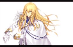 1boy adjusting_clothes adjusting_gloves ascot blonde_hair blue_ascot blue_brooch blurry brooch cape chietori chromatic_aberration closed_mouth depth_of_field fate/grand_order fate_(series) feathers formal_clothes frilled_sleeves frills gloves gold_trim grey_eyes hair_between_eyes highres jacket jewelry kirschtaria_wodime letterboxed long_hair long_sleeves looking_to_the_side male_focus serious shirt side_cape simple_background solo suit takeuchi_takashi_(style) upper_body vest white_background white_cape white_feathers white_gloves white_jacket white_shirt white_suit white_vest