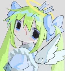 1girl arrow_(projectile) arrow_in_body arrow_in_head blood_from_forehead blood blood_on_face blue_bow blue_eyes bow closed_mouth expressionless fpwrs green_hair grey_background hair_between_eyes hair_bow halo highres long_hair looking_at_viewer looking_back object_through_head original simple_background solo traditional_halo twintails upper_body white_wings wings yellow_halo