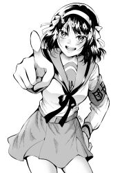 1girl :d armband commentary_request cowboy_shot greyscale hair_ribbon hairband hand_on_own_hip highres kita_high_school_uniform long_sleeves looking_at_viewer medium_hair monochrome open_mouth pointing pointing_at_viewer ribbon riquewhir97 sailor_collar school_uniform serafuku shirt simple_background skirt smile solo standing suzumiya_haruhi suzumiya_haruhi_no_yuuutsu teeth thighs tongue upper_teeth_only winter_uniform