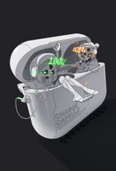2girls bodysuit charger closed_mouth english_text glowing glowing_eyes green_eyes grey_background headphones highres invisible_floor korean_text looking_at_viewer microphone multiple_girls open_mouth orange_eyes original personification saku_ram shadow simple_background white_bodysuit wireless_earphones