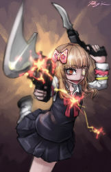 1girl :d artist_name blonde_hair bow bowtie character_request copyright_request dual_wielding eyepatch female_focus firing firing_at_viewer gun gunblade hair_bow handgun holding leg_warmers long_hair looking_at_viewer open_mouth pleated_skirt ray-k red_eyes signature skirt smile solo wavy_hair weapon