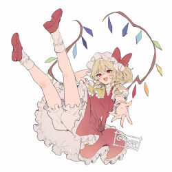 1girl :d arm_behind_head arm_up bloomers bobby_socks bow brown_hair crystal flandre_scarlet full_body grey_background grey_bloomers grey_hat grey_shirt grey_socks hair_between_eyes hat hat_bow highres ikeuchi_tanuma legs_up long_hair looking_at_viewer mob_cap one_side_up open_mouth outstretched_arm pointy_ears puffy_short_sleeves puffy_sleeves red_bow red_eyes red_shoes red_skirt red_vest shirt shoe_soles shoes short_sleeves simple_background skirt skirt_set smile socks solo touhou twitter_username underwear vest wings