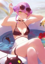 Rule 34 | 1girl, absurdres, alternate costume, armpits, bare shoulders, bibi (tokoyami towa), bikini, black bikini, black choker, blunt bangs, braid, breasts, choker, collarbone, commentary, crossed legs, demon girl, demon tail, double bun, flower, green eyes, hair bun, hair ornament, hand up, head rest, highres, hololive, jiang ye kiri, looking at viewer, navel, o-ring, o-ring choker, o-ring top, one eye closed, piercing, reclining, short hair, small breasts, smile, solo, sunglasses, swimsuit, tail, tail ornament, tail piercing, teeth, thigh strap, tokoyami towa, twin braids, virtual youtuber, wading pool, wet