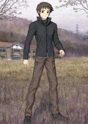 1boy arm_at_side bandaged_neck bandages black_shirt black_shoes brown_eyes brown_hair brown_pants building clenched_hands closed_mouth expressionless fate/grand_order fate_(series) full_body game_cg grey_jacket grey_sky hand_up high_collar jacket koyama_hirokazu legs_apart long_sleeves looking_at_viewer male_focus official_art pants partially_unzipped pocket popped_collar shirt shizuki_soujuurou shoes short_hair sky solo standing third-party_source zipper zipper_pull_tab