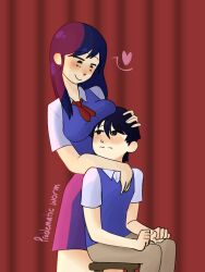 1boy 1girl black_hair blouse blush breast_press breasts brother_and_sister couple heart hetero highres imminent_kiss incest little_brother long_hair mari_(faraway)_(omori) mari_(omori) older_sister omori pants problematicworm purple_hair shirt short_hair siblings skirt sunny_(omori) teenage_girl_and_younger_boy vest