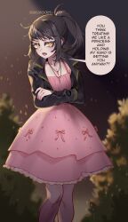 Rule 34 | 1girl, absurdres, artist name, black hair, cropped jacket, cross, cross necklace, crossed arms, dress, english text, highres, idamaria, jacket, jewelry, long hair, necklace, open clothes, open jacket, open mouth, original, pink dress, ponytail, solo, speech bubble, stitched leg, stitched torso, stitches, yellow eyes, zombie