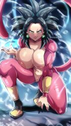 1girl artsuyuu aura black_hair boots bracelet breasts dragon_ball dragon_ball_gt dragon_ball_super earrings energy fingernails full_body gradient_background hanging_breasts highres huge_breasts jewelry kefla_(dragon_ball) lips looking_at_viewer muscular muscular_female navel nipples on_one_knee pantes pants potara_earrings pussy red_fur sharp_fingernails smile spiked_hair super_saiyan super_saiyan_4 sweat tail water wet yellow_eyes