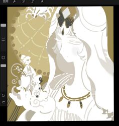 Rule 34 | 1boy, 1girl, 1other, azami117, chinese clothes, closed eyes, cloud haetae cookie, commentary, cookie run, cookie run: kingdom, dress, english commentary, giant, giantess, highres, mystic flour cookie, pale skin, peach blossom cookie, procreate (medium), robe, sitting, veil, white dress, white robe, white veil