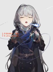 1girl artist_name belt belt_pouch bkornblume black_dress blue_scarf brown_belt buttons closed_eyes double-breasted dress facing_viewer grey_hair hands_up harolmado headphones headphones_removed highres holding holding_headphones long_hair long_sleeves open_mouth pouch puff_of_air reverse:1999 sam_browne_belt scarf solo twitter_username upper_body very_long_hair white_background