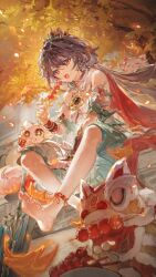 Rule 34 | 1girl, anklet, barefoot, black hair, breasts, cat, crown, detached sleeves, diting (honkai: star rail), eating, floating hair, greatsword, highres, honkai: star rail, honkai (series), jewelry, long hair, open mouth, plate, sitting, sitting on stairs, small breasts, stairs, sword, tanghulu, tree, twintails, weapon, yellow eyes, yunli (honkai: star rail), zhuzhiyi zhulu