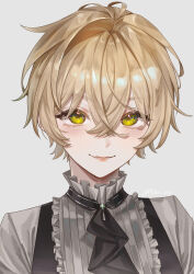 Rule 34 | 1boy, absurdres, aristocratic clothes, ascot, black ascot, black vest, blonde hair, blush, brooch, commentary, crossed bangs, eyes visible through hair, fang, frills, glint, grey background, grey shirt, hair between eyes, hair intakes, highres, jewelry, looking at viewer, mahiru mm, male focus, original, parted lips, portrait, shirt, short hair, simple background, skin fang, smile, solo, twitter username, vest, yellow eyes