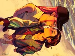 Rule 34 | 2girls, beach, black hat, blush, brown hair, closed eyes, face-to-face, glasses, hat, kpop demon hunters, long hair, mira (kpop demon hunters), multiple girls, outdoors, parted lips, pink hair, rikky yn, short hair, water, yuri, zoey (kpop demon hunters)