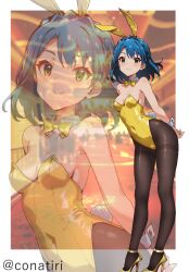 1girl animal_ears ankle_strap arms_behind_back black_pantyhose blue_hair bow bowtie breasts covered_navel detached_collar fake_animal_ears fake_tail high_heels highleg highleg_leotard idolmaster idolmaster_million_live! konachiri leotard looking_at_viewer medium_hair nanao_yuriko pantyhose photo_background playboy_bunny rabbit_ears rabbit_tail shoes small_breasts smile solo strapless strapless_leotard strappy_heels tail twitter_username wrist_cuffs yellow_bow yellow_bowtie yellow_eyes yellow_leotard yellow_shoes zoom_layer