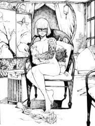 1girl arms_(game) barefoot bob_cut breasts chair colored_extremities covering_breasts covering_privates crossed_ankles eye_mask flower kakiyakee_(k_key_5) looking_at_viewer min_min_(arms) monochrome no_headwear nude scales short_hair sitting solo
